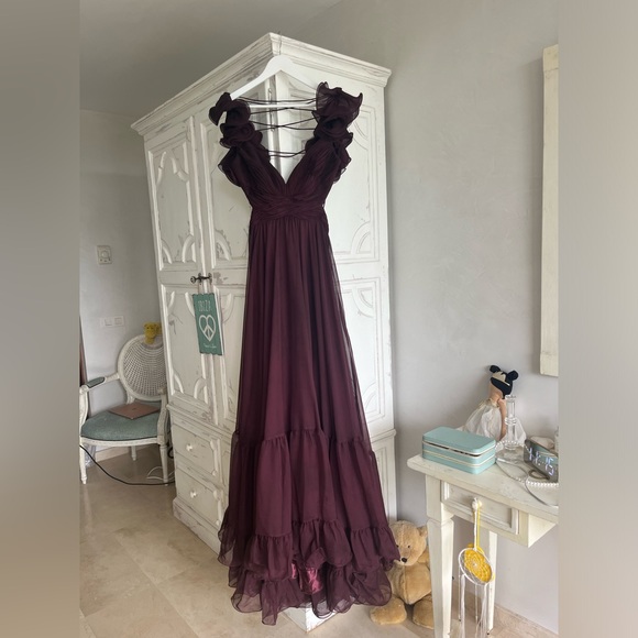 MAC DUGGAL INDY /LEENA ruffle tiered cut-out back chiffon gown / dress - Picture 2 of 16